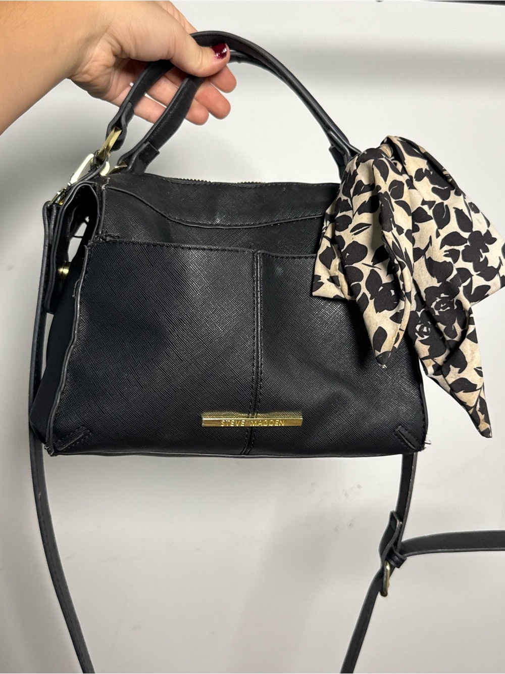 Steve Madden Black Satchel with Black-and-Cream Floral Scarf